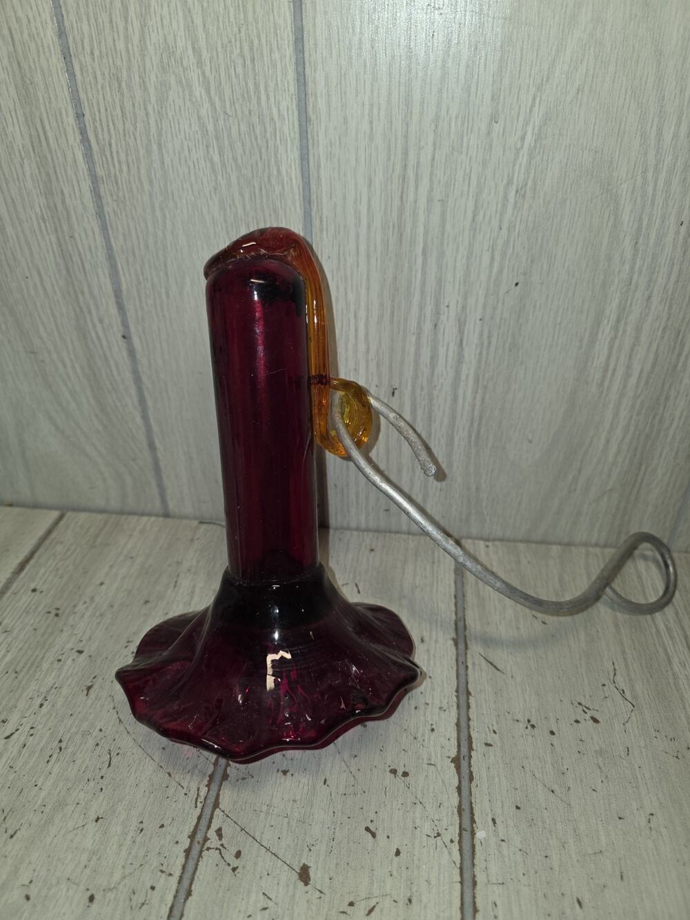 Vintage Blown Glass Parasol Hummingbird Feeder Amberina Bird Garden Hanging 8"